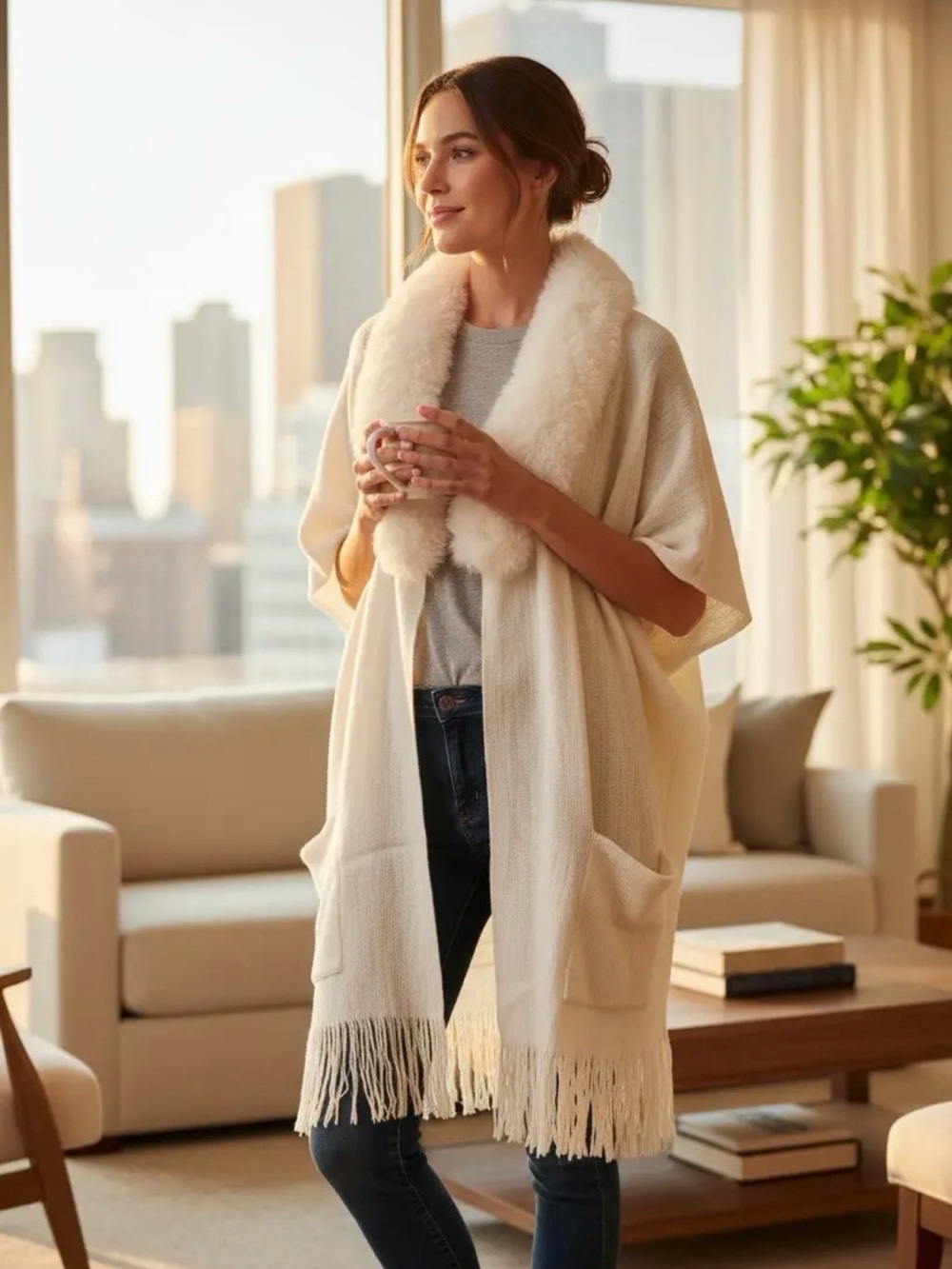 Cozy Cream Faux-Fur Trim Shawl Cardigan - Brand